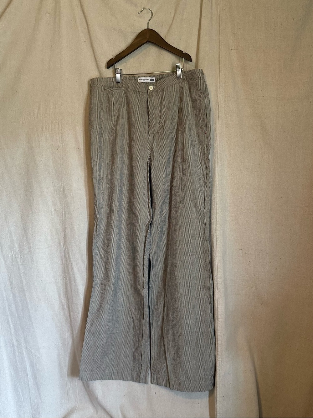 Cotton Linen Blend Gray Striped Wide-Leg Pants